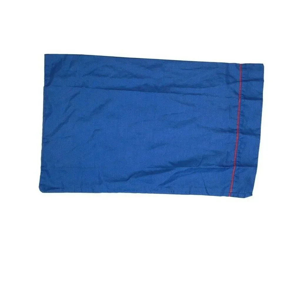 Vintage 70s Blue Red Muslin Pillowcase Solid Border Trim Lightweight Percale 1